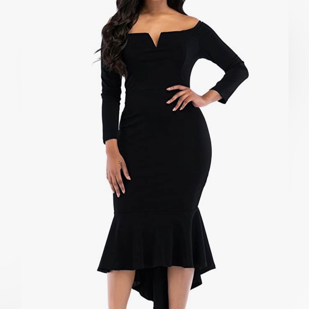 Only puff Great formfitting off the shoulder black fish tail black dress
